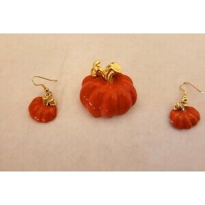 Enamel PUMPKIN Pin Brooch / Pendant & Earrings Set Orange